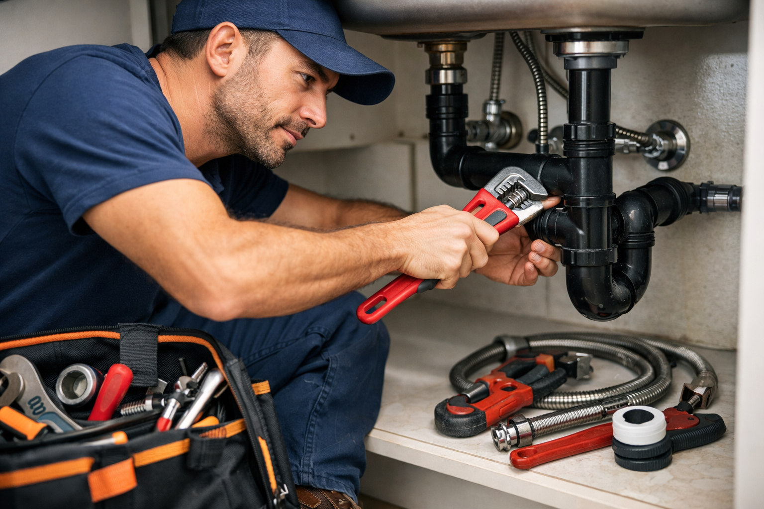 Técnico de plomería trabajando con herramientas